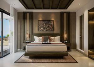 a bedroom with a large bed and a large window at The Sankara Hill Penida in Sampalan