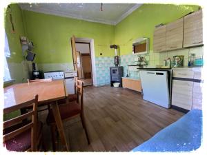a kitchen with green walls and a table and a refrigerator at Chalupa nad Dvorem in Slezské Pavlovice