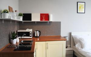 y cocina con encimera, tostadora y microondas. en Noctis Apartment Nowogrodzka, en Varsovia