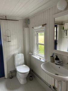 a white bathroom with a toilet and a sink at Mysigt torp Cozy Cottage in Tranås +72 photos