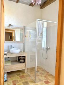 a bathroom with a glass shower and a sink at La maison de villars in Pressac +39 photos