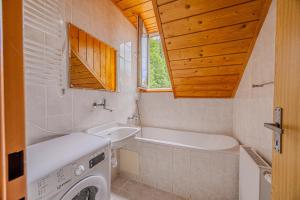 a bathroom with a sink and a washing machine at Krásná pod Lysou horou in Krásná +22 photos