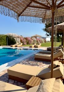 a resort with a swimming pool with chairs and an umbrella at Riverside Apartments in Ulcinj