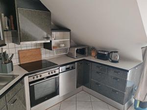 a small kitchen with a stove and a microwave at Traumhafte Lage am Kurpark in Bad Nauheim