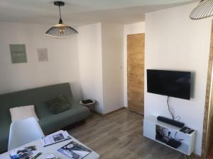 a living room with a green couch and a tv at L'instant Doubs in Baume-les-Dames +17 photos