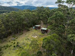 an aerial view of a house on a hill in the forest at Eagle Ridge Retreat in Kettering