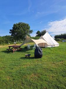 a tent and a picnic table in a field at Damson Keep Wild glamping pop up in Bere Alston