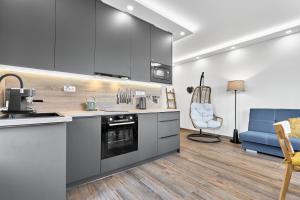 a kitchen with stainless steel appliances and a blue couch at Apartmány s výhledem na Plešivec by Mountain ways in Abertamy