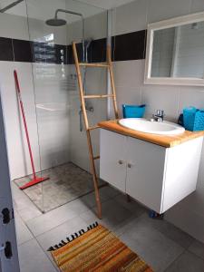 a bathroom with a sink and a glass shower at Terrasson GOLD2 in Les Abymes +7 photos