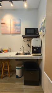 a kitchen with a counter with a sink and a printer at Peacock Studio Tiny House in Kuala Terengganu