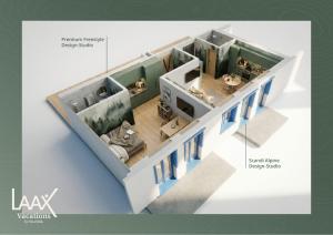 a rendering of a floor plan of a house at Freestyle Alpine Design-Studios - Pool, Parking & Balcony in Center Laax by BlueHills Vacations in Laax +20 photos
