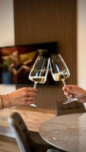 two people are holding glasses of white wine at R&J apartmány in Bojnice