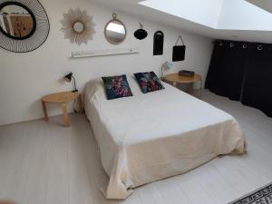 a bedroom with a large bed and a mirror at Logement cosy Sous Les Toits in Charmes-sur-Rhône
