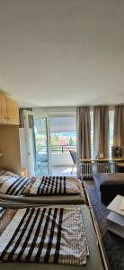 a large room with two beds and a large window at Ferienwohnung Ronja im Hause Bergland Altreichenau in Neureichenau +14 photos