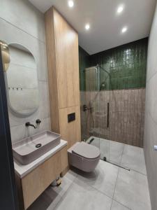 a bathroom with a toilet and a sink and a shower at Apartamenty u Justyny - Ametyst in Borne Sulinowo