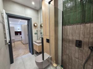 a bathroom with a toilet and a sink at Apartamenty u Justyny - Ametyst in Borne Sulinowo +4 photos