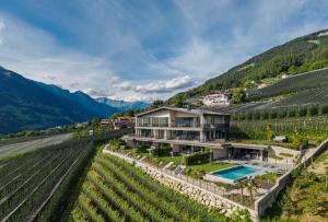 an aerial view of a mansion in a vineyard at Residence Gloria Dei in Schenna +25 photos