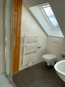 a bathroom with a toilet and a sink and a skylight at Apartments SMAG Barbiergasse in Pirna +110 photos