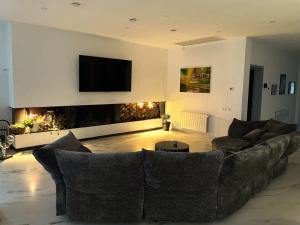 a living room with a couch and a fireplace at DREAM VIEW Saguramo in Saguramo