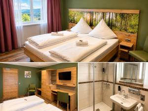 two pictures of a bedroom with a bed and a bathroom at Burggasthof Weißenstein in Regen