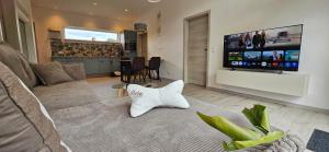 a living room with a couch and a flat screen tv at Gartenbungalow Rhönherz in Hilders