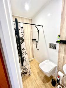 a bathroom with a shower and a toilet at Studio Tatarskie,Parking! in Przemyśl