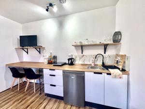 a small kitchen with a counter and a sink at Studio Tatarskie,Parking! in Przemyśl