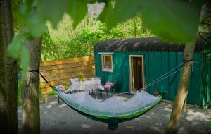 a hammock in front of a small house at LandAuszeit Hummeltal in Culm