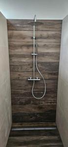 a shower in a bathroom with a wooden wall at Gartenbungalow Rhönwild in Hilders