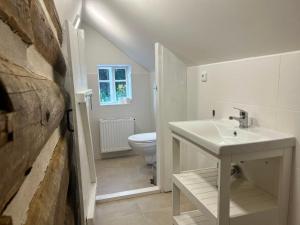 a white bathroom with a sink and a toilet at chalupa CHALUPA in Dolní Prysk +27 photos