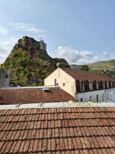 a castle on top of a hill with roofs at Hôtel Saint Sébastien in Lourdes