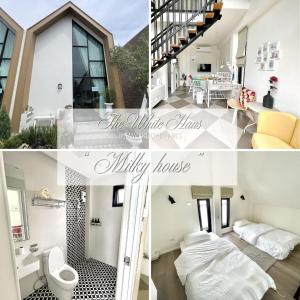 a collage of photos of a white home with a white floor at Milky house in Ban Bang Phai
