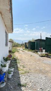 a dirt road next to a building with potted plants at Эко Балык 