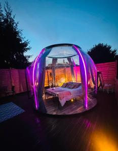 a bed in a gazebo with pink lights at Reves2bulles in Ousse