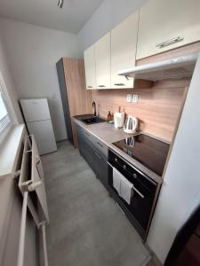 a kitchen with white cabinets and a black stove top oven at Green Studio Martin in Martin
