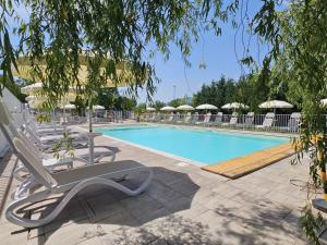 a swimming pool with lounge chairs and umbrellas at Agriturismo L'Urteia in Pieve Dugliara