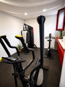 a gym with two exercise bikes in a room at 1861 Châtel Hostel in Châtel