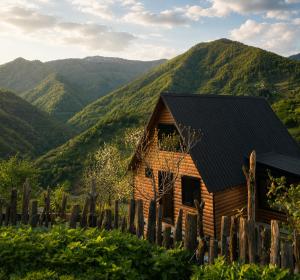 a log cabin with mountains in the background at Keda Horizon Cottage in Koromkhet'i