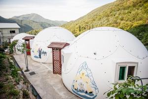 two domes with paintings on them on a mountain at Jeongsun Hayandom Pension in Jeongseon