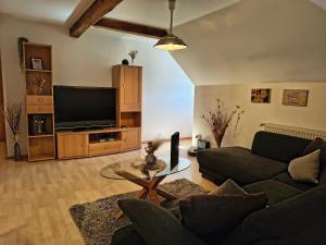 a living room with a couch and a tv at Ferienhof Aiginger in Grafenau