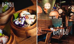 two pictures of a basket with food in a restaurant at Bambu Kitchen & Bar - Hotel Restaurant in Haarlem