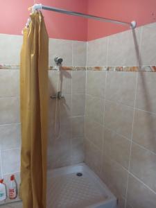 a shower with a shower curtain in a bathroom at Source de vie - Campagne in Capesterre-Belle-Eau