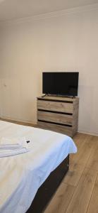 a bedroom with a bed and a flat screen tv at Casa Chișcău - Valea Urșilor in Chişcău