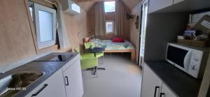 a small kitchen with a sink and a microwave at Buorkerijhûske A - Tussen Wad en Weide in Hallum +13 photos