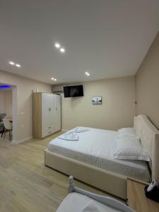 a bedroom with a large bed and a flat screen tv at Lakefront House in Pogradec