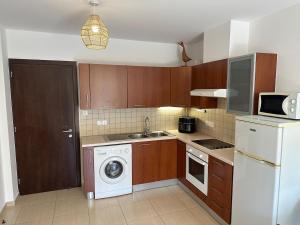 a kitchen with wooden cabinets and a washer and dryer at Horizon Court in Kiti
