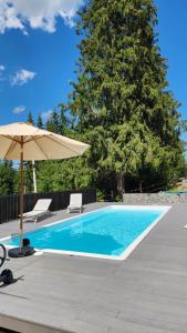 a swimming pool with an umbrella and two lounge chairs and an umbrella at Moho in Yablunytsya