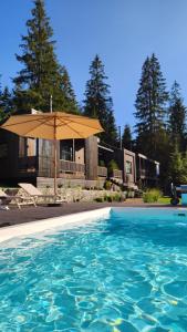 a swimming pool with an umbrella next to a house at Moho Будинки для відпочинку in Bukovel