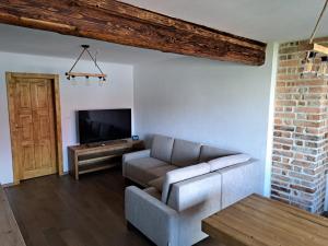 a living room with a couch and a tv at Drevenica Šumiac in Šumiac