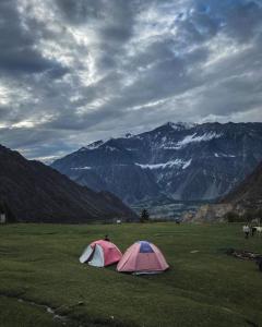 two tents in a field with mountains in the background at Hello Rakaposhi Camping Site in Gilgit